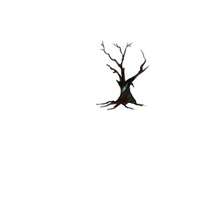 May include: A bare, gnarled tree with dark brown branches and a textured, green trunk. The tree is isolated against a white background.