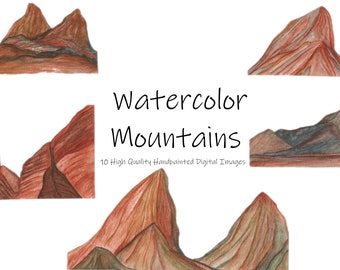 May include: A set of 10 digital watercolor illustrations of mountains in various shapes and sizes. The mountains are painted in shades of brown, red, and gray.