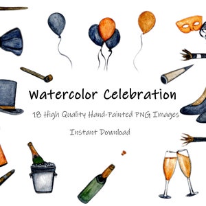Watercolor Party Celebration clipart-Wedding-Anniversary-Birthday-Mardi Gras-New Year-Holiday Instant Download PNG Clipart Pack