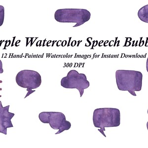 Purple Watercolor Speech Bubbles-12 Hand painted images for instant download-300 DPI-Transparent Background-Birthday-Holiday-Occasions