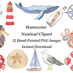 水彩画の航海クリップアート PNG - 灯台 - タコ - タツノオトシゴ - 帆船 - 錨 - コンパス - クジラ - ボトルに入ったメッセージ - サンド ダラー - 即時ダウンロード