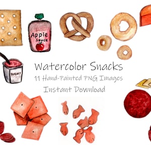 Watercolor Snacks-Snack food PNG-cheese-salami-crackers-yogurt-apple sauce-Instant Download