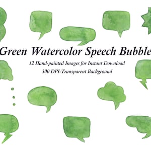 Op de afbeelding: Twaalf groene aquarel-spraakballonnen in verschillende vormen en maten. De ballonnen zijn geïsoleerd op een witte achtergrond.