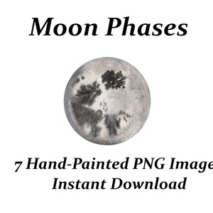 Può includere: Un set di sette fasi lunari dipinte a mano ad acquerello in bianco e nero. Le fasi lunari sono in formato PNG e sono disponibili per il download immediato.