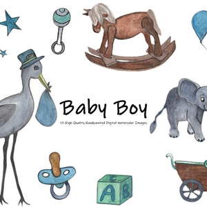 Baby shower clipart-Boy-hand painted watercolor graphics-New Born-Birth Announcement-Gender Reveal-Bear-lion-rocking horse-stork-elephant