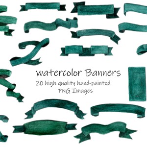Clipart z akwarelowym banerem-banery-zielone-obrazy PNG-natychmiastowe pobieranie-banery świąteczne-ślub bożonarodzeniowy-sztuka zimowego ślubu