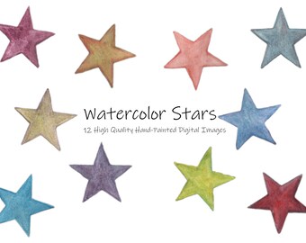 Aquarell Star Clipart-Hintergrund PNG digitaler Download-Hintergrund Sterne-bunte Sterne Aquarell Kunst-rot-blau-gelb-grün-lila