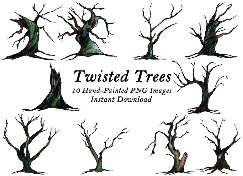 May include: Ten hand-painted digital illustrations of twisted trees in various poses. The trees are drawn in black, green, and blue tones on a white background. The text "Twisted Trees" and "10 Hand-Painted PNG Images Instant Download" is included in the image.
