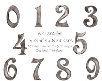 Può includere: Dieci illustrazioni ad acquerello di numeri in stile vittoriano, da 0 a 9, in tonalità di grigio. I numeri sono dipinti a mano e hanno un'estetica vintage e antica.