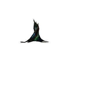 May include: A dark green, blue, and brown abstract tree with a pointed top and a wide base.