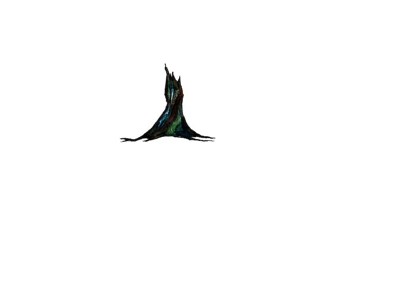 May include: A dark green, blue, and brown abstract tree with a pointed top and a wide base.