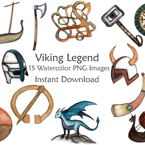 Watercolor Viking Clipart PNG Images-Runes-Thor Hammer-Longboat-Dragon-Helmets-War Axe-Compass-Brooch-Shields
