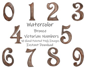 Può includere: Dieci numeri vittoriani in acquerello bronzo, da 0 a 9, con uno stile decorativo scritto a mano. I numeri sono dipinti a mano e hanno un aspetto rustico e vintage.