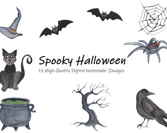 May include: Watercolor illustrations of Halloween-themed objects, including a witch's hat, bats, a spider web, a black cat, a cauldron, a bare tree, a spider, and a crow. The text "Spooky Halloween" is displayed with the phrase "15 High Quality Digital Watercolor Images".