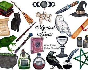 May include: A set of 22 watercolor illustrations of mystical magic items, including a black cat, a frog, a witch's hat, a book of spells, a potion bottle, a raven, a quill and inkwell, a cauldron, a wand, a broom, a scroll, a knife, a voodoo doll, a chalice, a crescent moon, a pentagram, and candles. The text "Mystical Magic" is written in a decorative font.