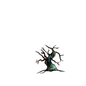 May include: A watercolor painting of a bare, gnarled tree with a green trunk and brown branches against a white background.