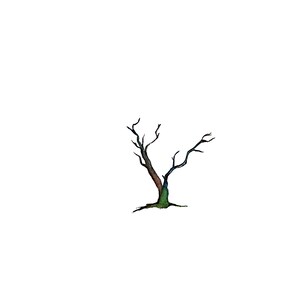 May include: A bare tree with brown and blue branches and a green base. The tree is isolated against a white background.