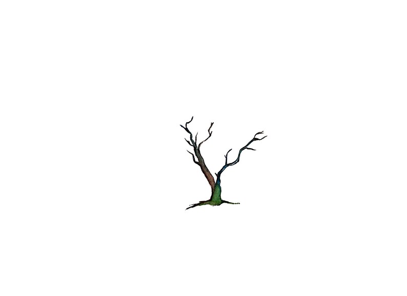 May include: A bare tree with brown and blue branches and a green base. The tree is isolated against a white background.