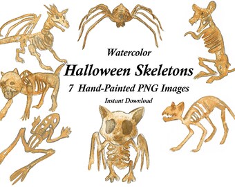 May include: Seven watercolor illustrations of Halloween skeletons, including a spider, a bat, a frog, a dragon, a dog, a cat, and a mouse. The skeletons are painted in shades of brown and beige.