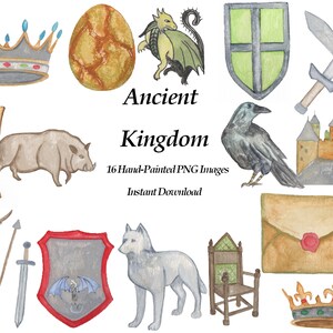 Könnte beinhalten: Ein Set mit 16 handgemalten digitalen Illustrationen im PNG-Format, die verschiedene Elemente aus dem mittelalterlichen und fantastischen Königreich darstellen, darunter Kronen, Schilde, Schwerter, einen Drachen, einen Wolf, einen Raben, ein Wildschwein, eine Burg, einen Thron, einen Kelch, ein Ei und eine Schriftrolle. Der Text "Ancient Kingdom" ist oben im Bild in Schwarz geschrieben.