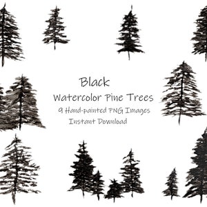 Aquarelle Pine Clipart-Conifers-Pine Trees-PNG Instant Download-Black Pine Trees-Winter Scenery-Christmas Pines-Painted Pine trees