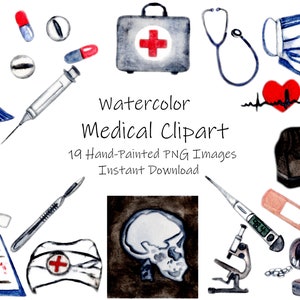 Op de afbeelding: Waterverf clipart set van 19 medische illustraties. Bevat een stethoscoop, een EHBO-doos, een thermometer, een verband, een spuit, een scalpel, een microscoop, een schedelröntgenfoto, een medische tas, een gezichtsmasker, een hartslagmeter, een medisch symbool, een rol gaas, een klembord, een pilfles en pillen.