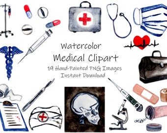 Aquarell medizinische Clipart-Bandagen Medizin Herzschlag Skalpell Gesichtsmaske Krankenschwester Mütze Ärzte Tasche erhalten gut bald Clipart sofortiger Download PNG