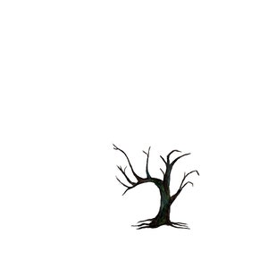 May include: A black and brown tree with bare branches, the tree is bent to the right and has a thick trunk.
