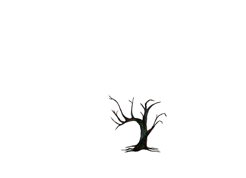 May include: A black and brown tree with bare branches, the tree is bent to the right and has a thick trunk.