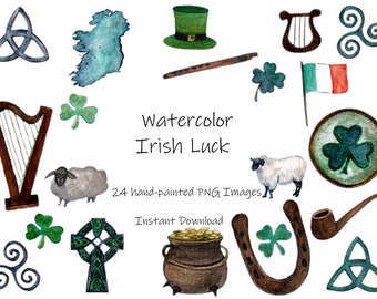 St Patrick's Day Watercolor Clipart-Irish Luck-shamrocks-harp-Ireland-beer-clovers-celtic designs-pot of gold-celtic cross-irish flag png