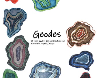 Geode-Achat-Stein Aquarell ClipArt-10 handbemalt digitale ClipArt Bilder-PNG-Instant Download-mehrfarbig