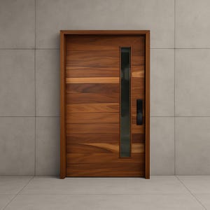 Modern parota wood door with glass – hinged system, custom size & glass placement, minimalist exterior design