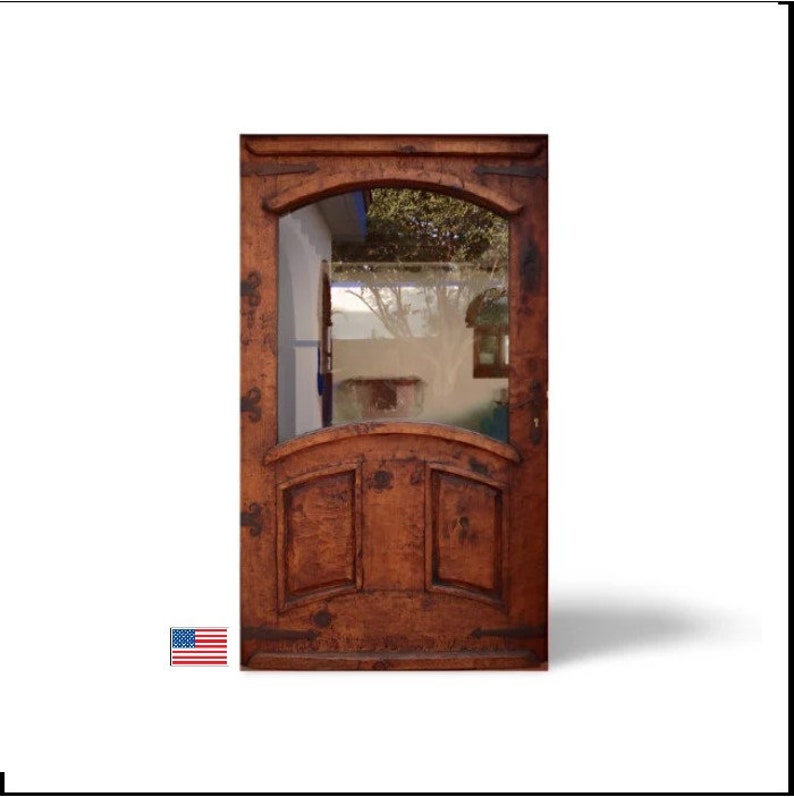May include: A solid wood door with a large arched window pane. The door is stained a rich brown colour and has a rustic, weathered look. The door is framed by a simple moulding.