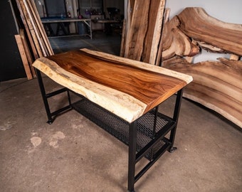 Live Edge Kitchen Island | Industrial Metal Base, Rolling Bar Cart