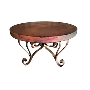 Round Hammered Copper Table Top. Copper Top. Round Coffee Table made of hand hammered copper and hand forged iron. Wrought Iron