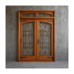 Rustic antique cedar double doors, hand-carved, hand-forged iron, prehung with frame and threshold, Colonial style, custom made