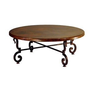 Round Hammered Copper Table Top. Copper Top. Round Coffee Table made of hand hammered copper and hand forged iron. Wrought Iron