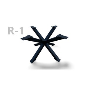 May include: Black metal table base with a starburst design. The base is labeled "R-1".