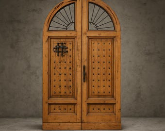 Rustic double wood door – authentic replica, pre-hung with frame & threshold, hand-forged iron, custom solid wood design