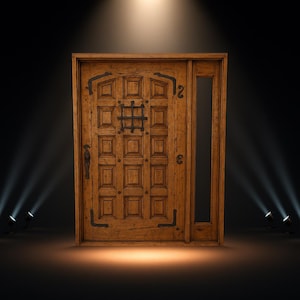 Rustic wood entry door with side glass panel – authentic replica, handmade, pre-hung with frame, threshold, four finishes