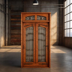 Rustic antique cedar door, hand-carved, hand-forged iron, prehung with frame and threshold, colonial style, custom made