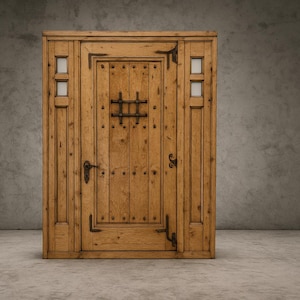 Rustic wood entry door with two fixed glass panels – authentic replica, custom made, pre-hung with frame, threshold, four finishes