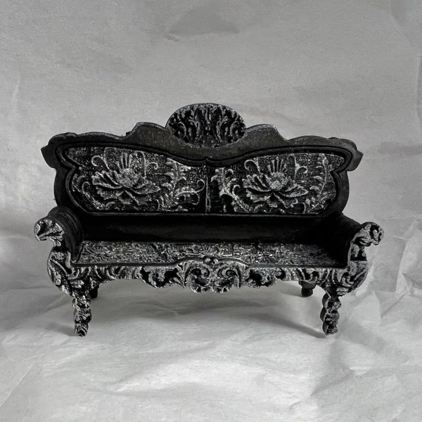 Miniature Sofa, 1/12 scale kit, Hand Made, Original design, DIY, Gift Wrapped, Dollhouse, Gothic, Witchy, Haunted, Engraved, Chic, Wooden