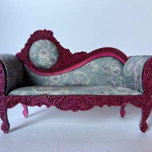 Sofa 1/12 scale, Silk Upholstery, Hand Made, Original design, Dollhouse, Miniature, Whimsical, Witchy, Quirky, Romantic,Chic,Gothic, Artisan