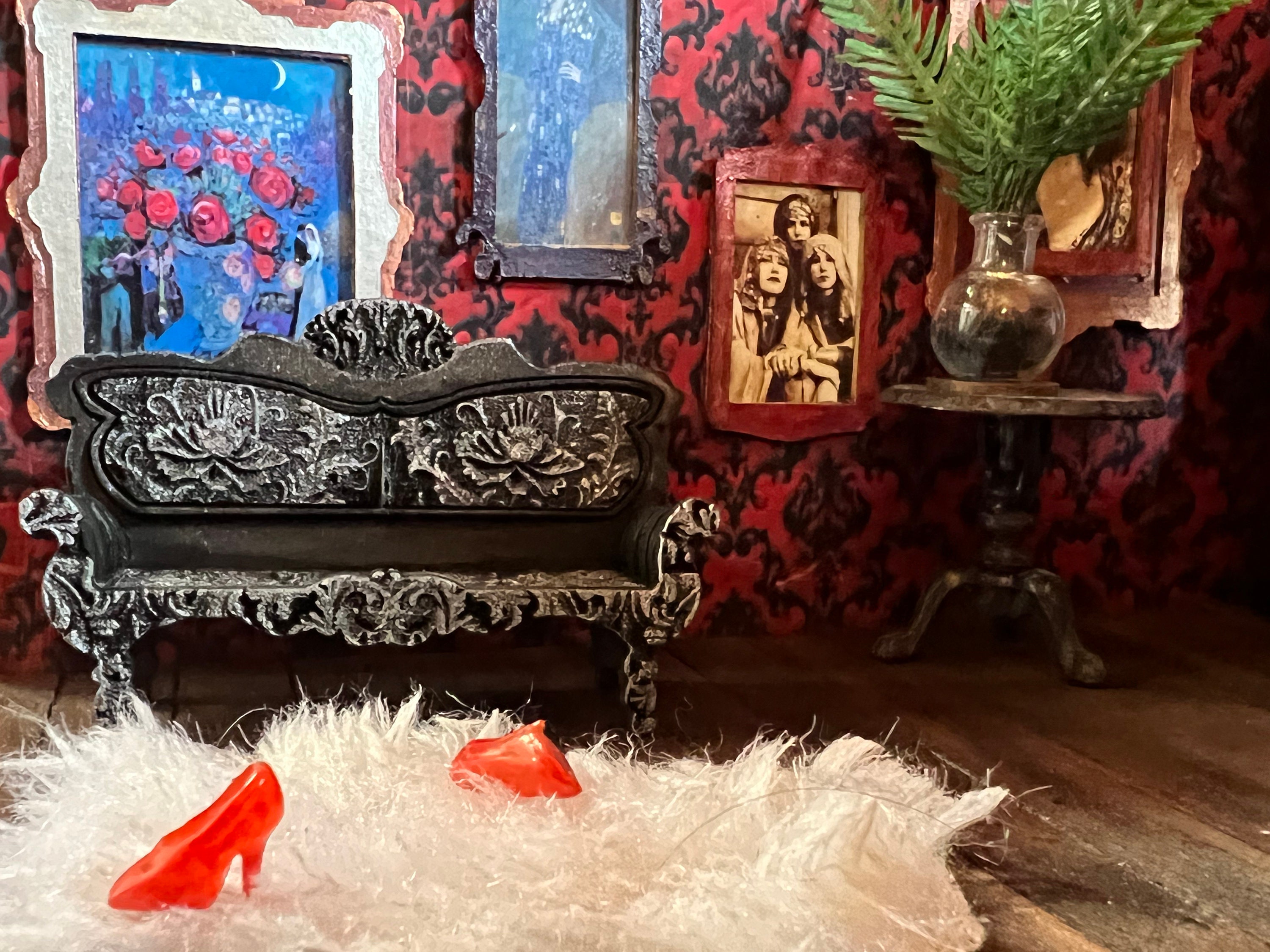 Miniature Sofa, 1/24 scale, Original design,  kit, DIY, Gift, Dollhouse, Goth, Witchy, Haunted, Dolls, Whimsical, Wooden, Artisan, Hand Made