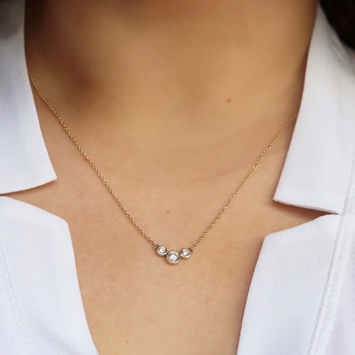 Trio BezelSet Diamond Necklace 14k 3 Stone Diamond Pendent Etsy