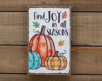 Fall Wall Decor with Pumpkin Art and the Saying Find Joy in All Seasons for Thanksgiving, Autumn, Harvest