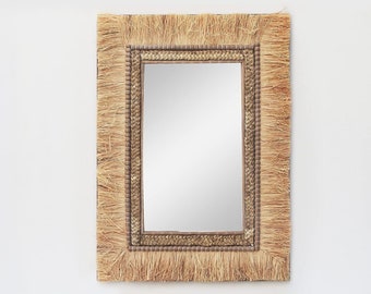 Rectangular Boho Mirror, Wall Mounted Mirror with Seagrass and Wooden Beads