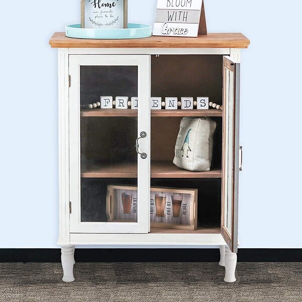 Rustic Farmhouse Buffet Sideboard Kitchen Dining Storage Cabinet with 2 Glass Doors, 3 Shelves,Distressed White Cabinet,country vintage42" H