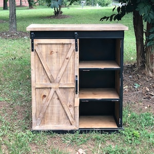 Fir Wood and Metal Farmhouse Cabinet, Accent Table Furniture with Shelves and Sliding Door,Entryway Storage Organizer,35" H,Brown